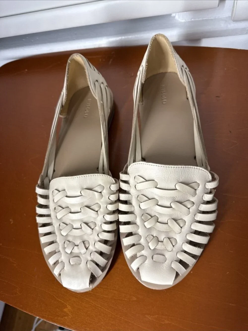 Worn 1X Nisolo Huarache Sandals Women 10 off White Leather Woven Slip On Loafers